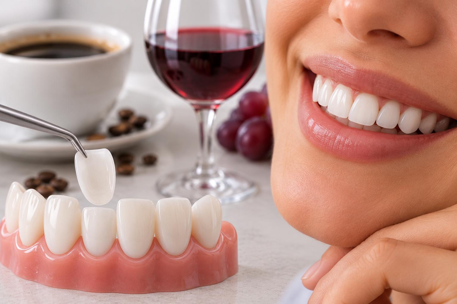 Mulher sorrindo, lentes de contato dental, café e vinho. Odontologia estética resistente a manchas na Clínica Cavasi em Juiz de Fora MG.