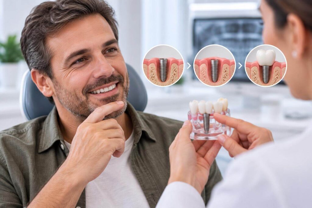 Homem sorrindo para dentista que segura modelo de dentes. Ilustração mostra fases do implante dentário na Cavasi em Juiz de Fora.